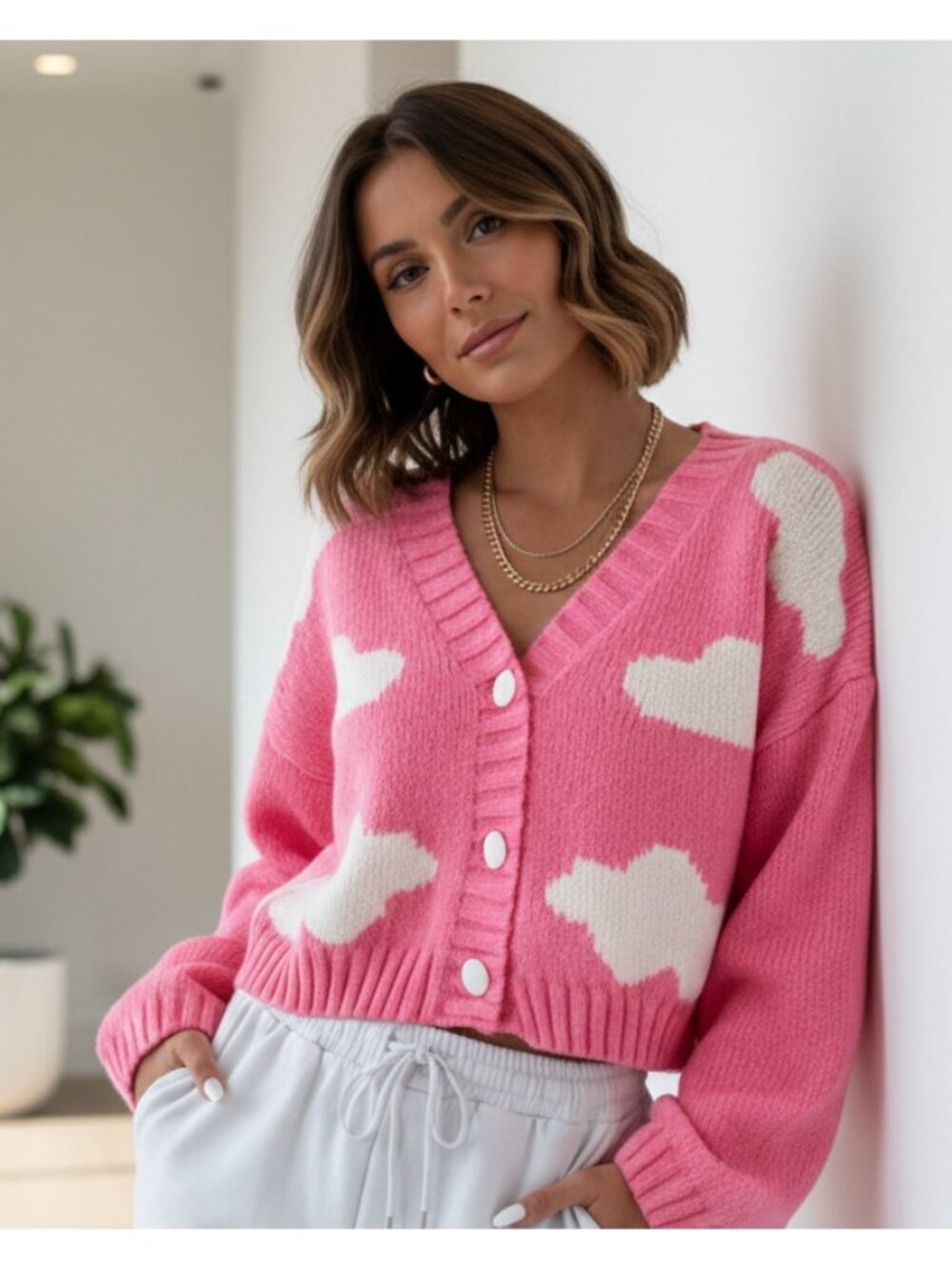 Cropped Cloud Contrasting Knit Button Up V-Neck Sweater Long Sleeve Cardigan